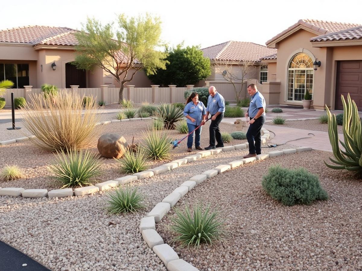 Uniformed landscaping crew maintaining a desert front yard in Las Vegas